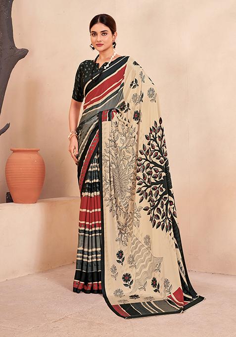 Cream Floral Print Crepe Saree Set