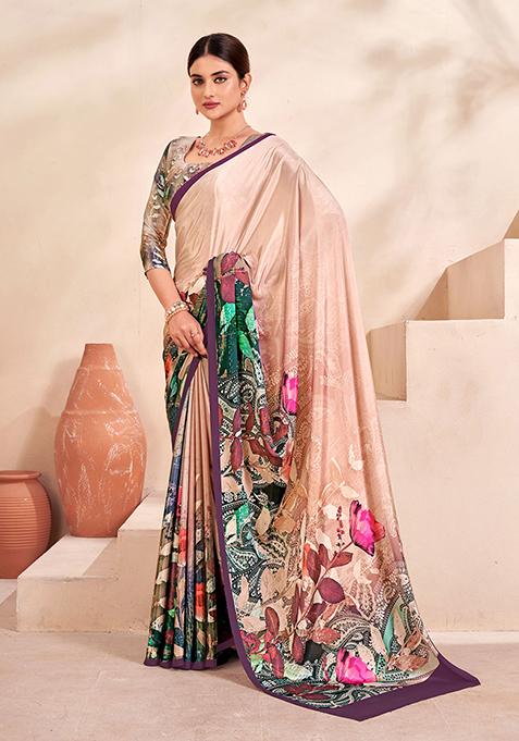 Beige Floral Print Crepe Saree Set