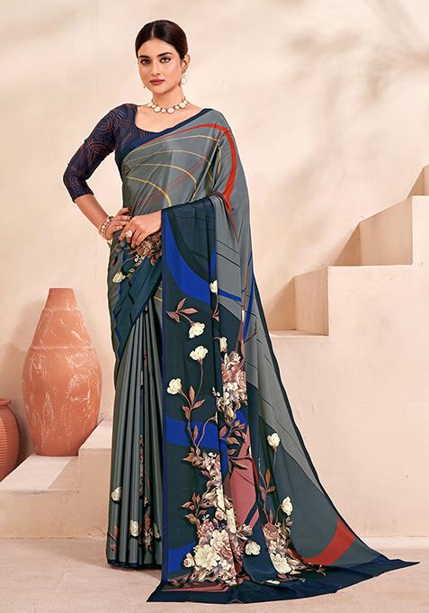 Grey Floral Print Crepe Saree Set