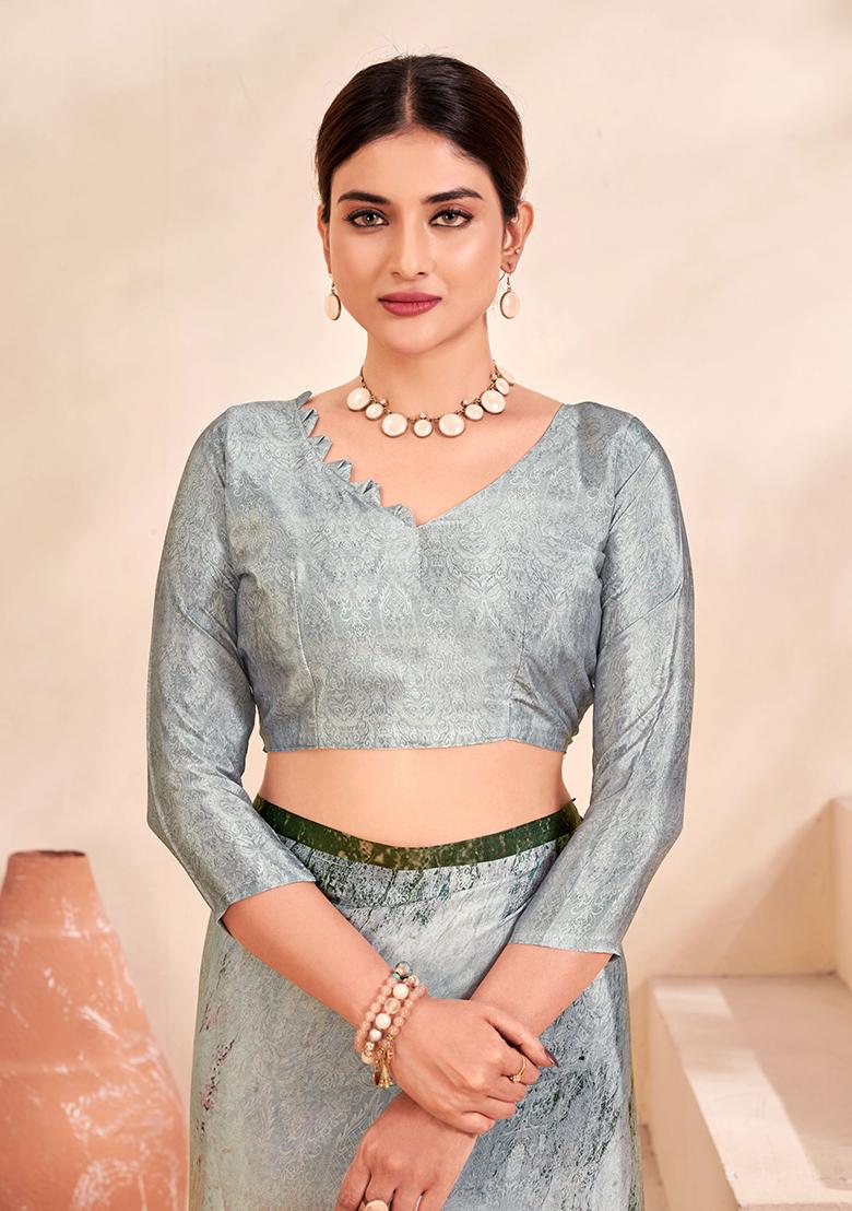 Grey Floral Print Crepe Saree Set - Indya