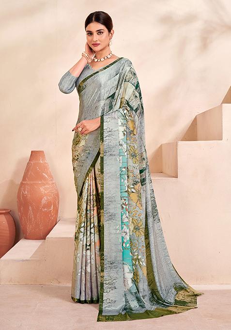 Grey Floral Print Crepe Saree Set