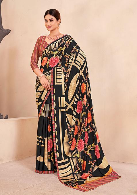 Black Floral Print Crepe Saree Set