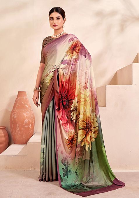 Multicolour Floral Print Crepe Saree Set