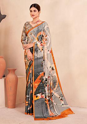 Multicolour Floral Print Crepe Saree Set