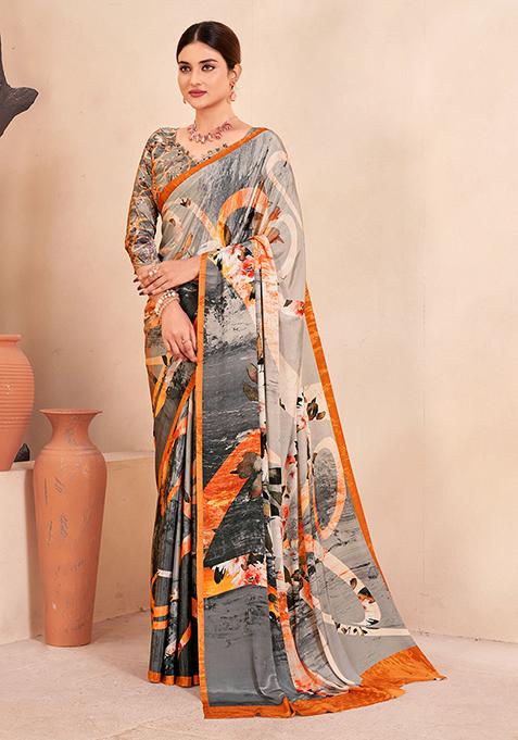 Multicolour Floral Print Crepe Saree Set