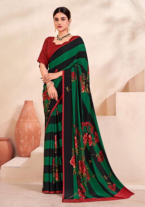 Green Floral Print Crepe Saree Set