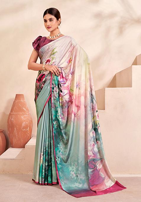 Multicolour Floral Print Crepe Saree Set