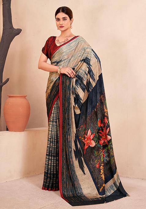 Multicolour Floral Print Crepe Saree Set