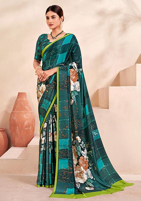 Blue Floral Print Crepe Saree Set