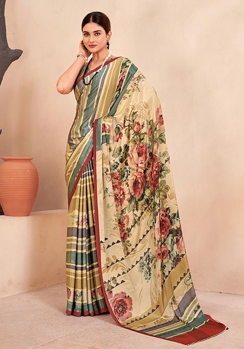 Multicolour Floral Print Crepe Saree Set