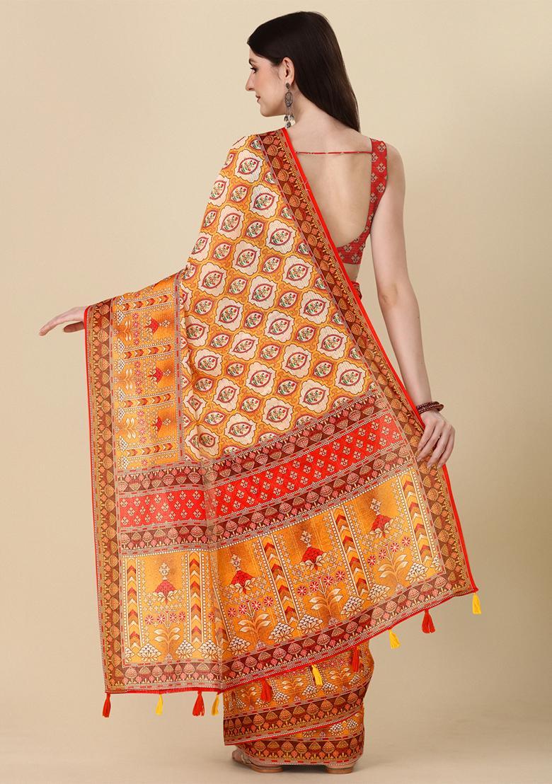 Orange Abstract Print Linen Saree Set