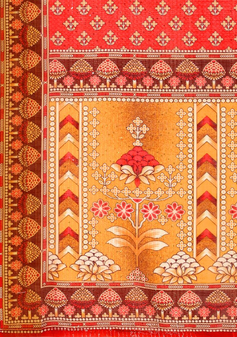 Orange Abstract Print Linen Saree Set