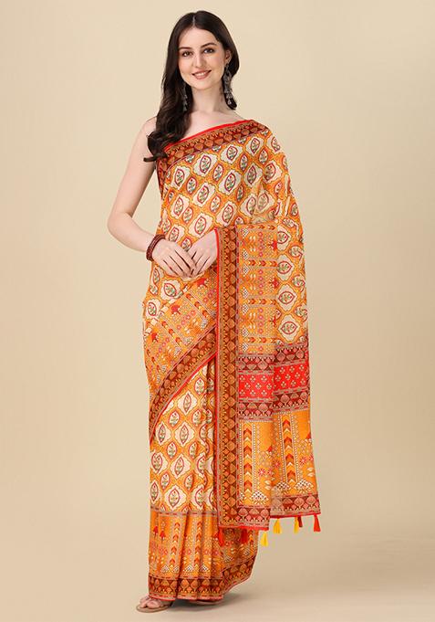 Orange Abstract Print Linen Saree Set