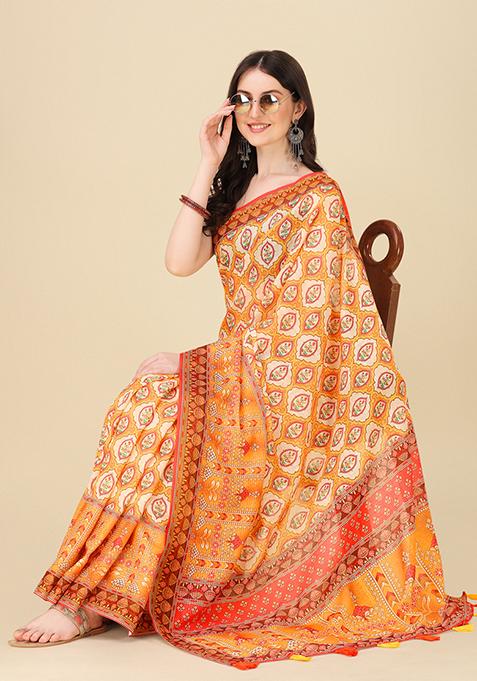 Orange Abstract Print Linen Saree Set