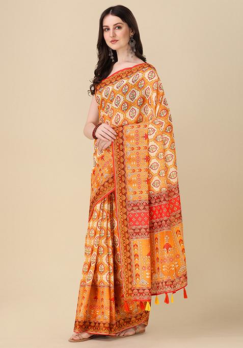 Orange Abstract Print Linen Saree Set