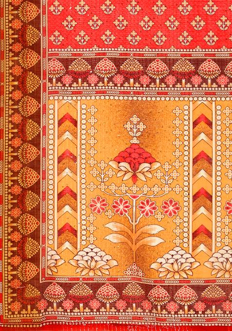 Orange Abstract Print Linen Saree Set
