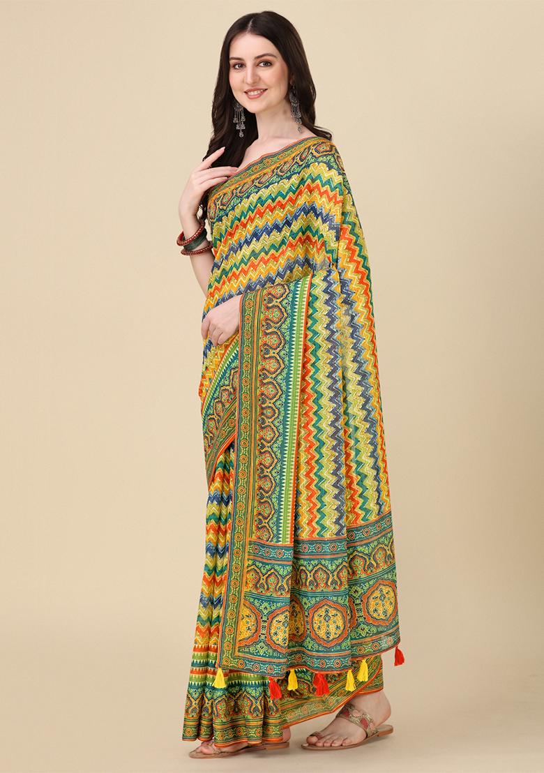 Multicolour Abstract Print Linen Saree Set