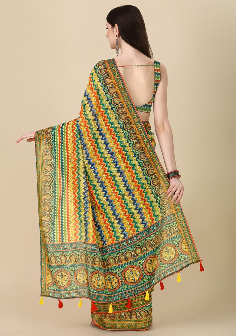 Multicolour Abstract Print Linen Saree Set