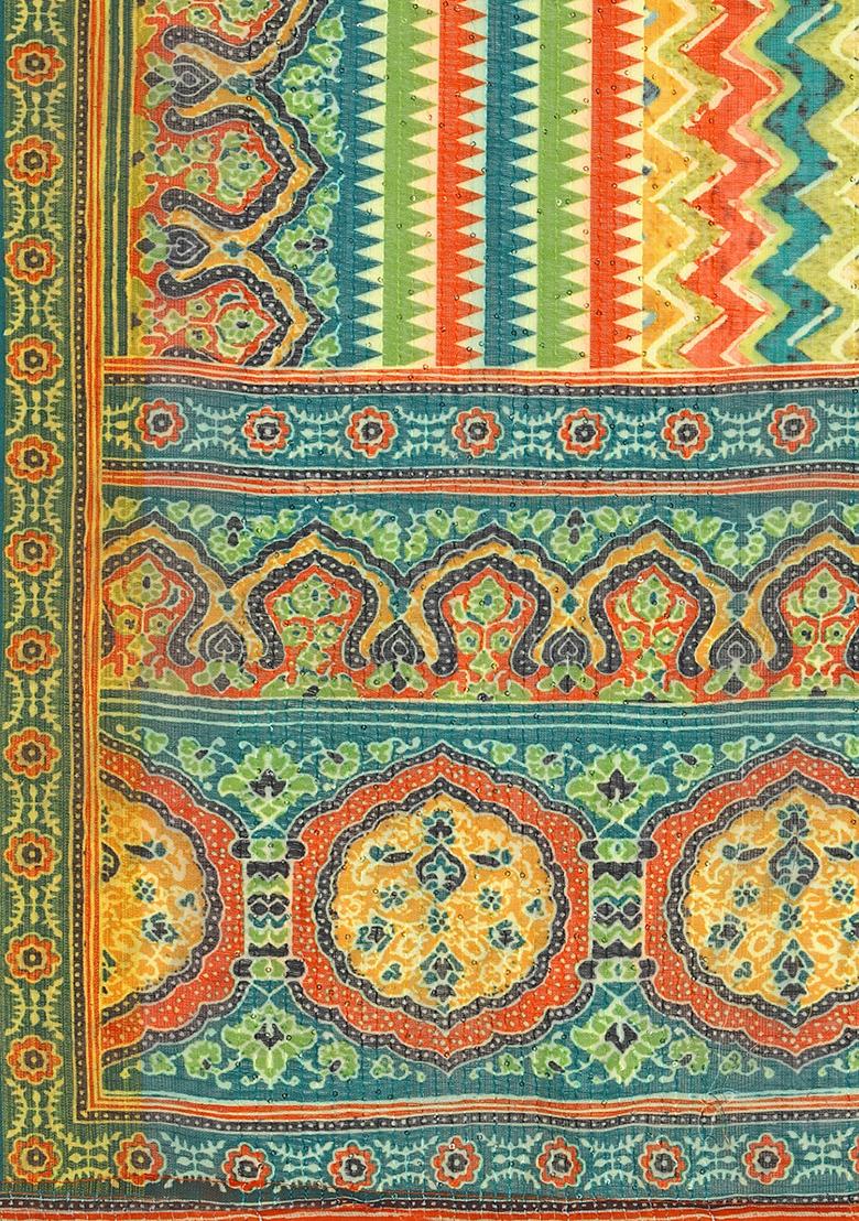 Multicolour Abstract Print Linen Saree Set