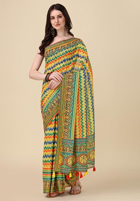 Multicolour Abstract Print Linen Saree Set