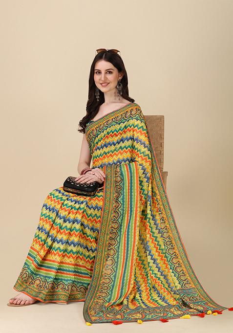 Multicolour Abstract Print Linen Saree Set