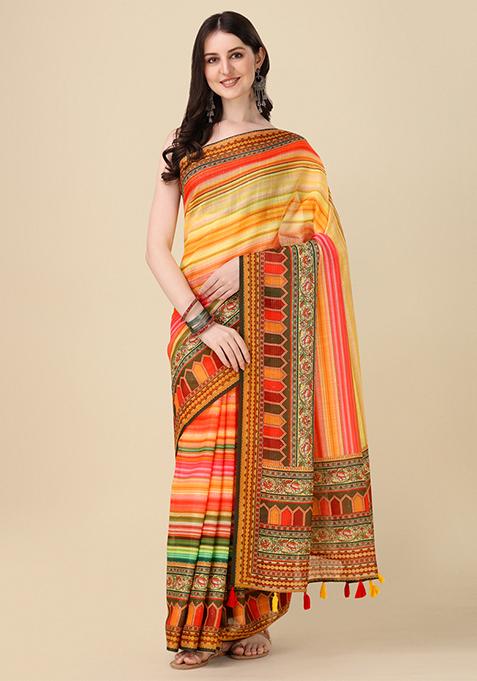 Multicolour Abstract Print Linen Saree Set