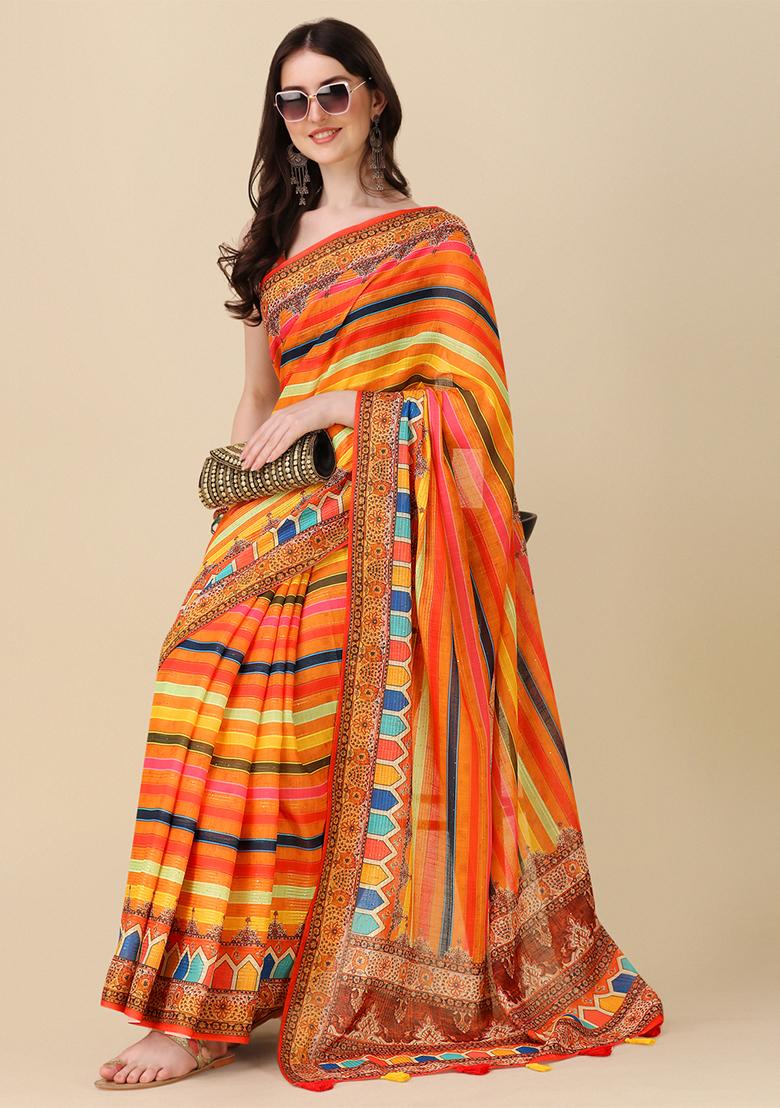 Multicolour Abstract Print Linen Saree Set