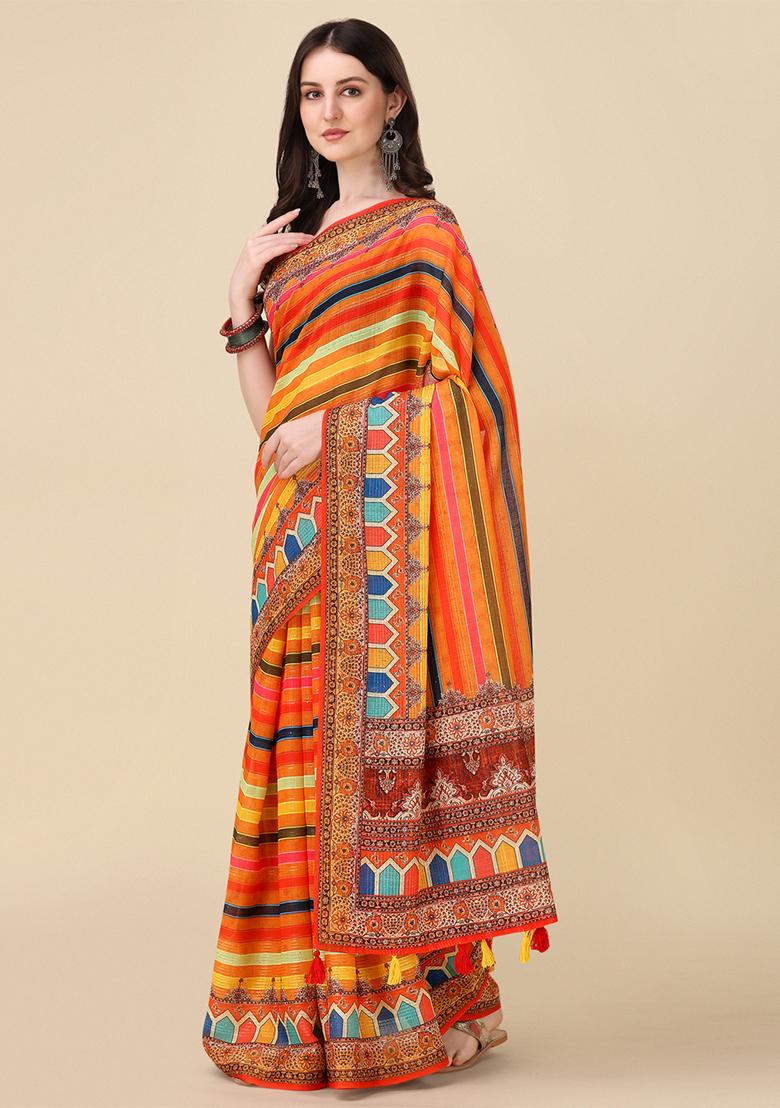 Multicolour Abstract Print Linen Saree Set