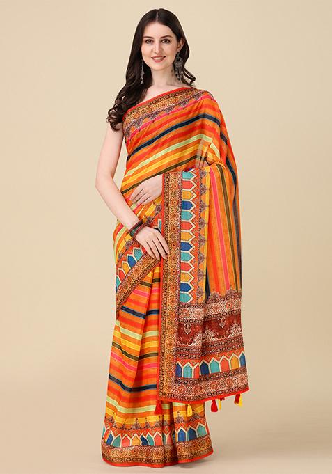 Multicolour Abstract Print Linen Saree Set