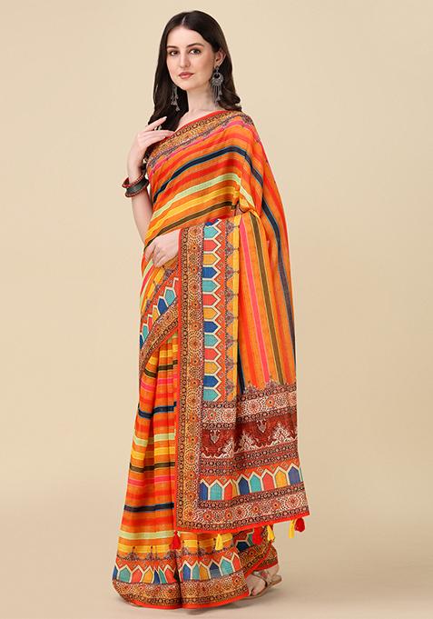 Multicolour Abstract Print Linen Saree Set
