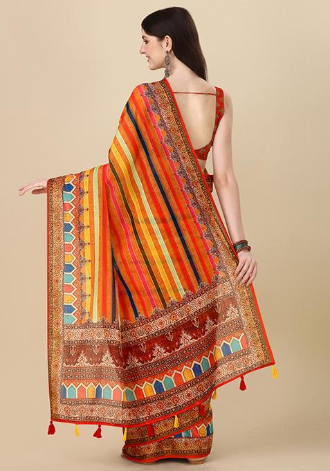 Multicolour Abstract Print Linen Saree Set