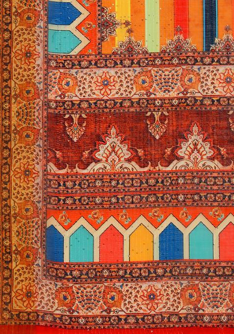 Multicolour Abstract Print Linen Saree Set