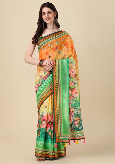 Multicolour Abstract Print Linen Saree Set