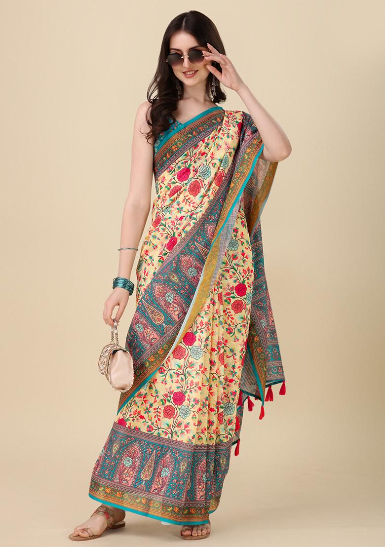 Cream Abstract Print Linen Saree Set - Indya