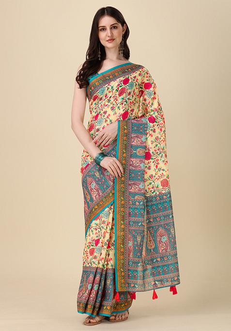 Cream Abstract Print Linen Saree Set