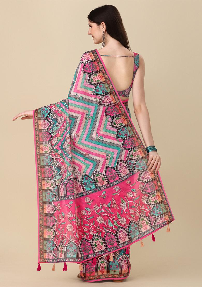 Multicolour Abstract Print Linen Saree Set - Indya