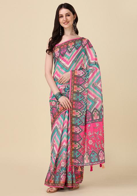 Multicolour Abstract Print Linen Saree Set