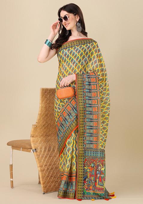 Green Abstract Print Linen Saree Set