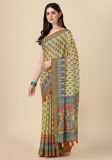 Green Abstract Print Linen Saree Set