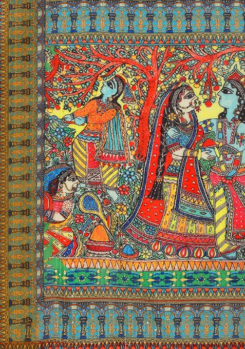 Green Abstract Print Linen Saree Set