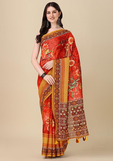 Red Abstract Print Linen Saree Set