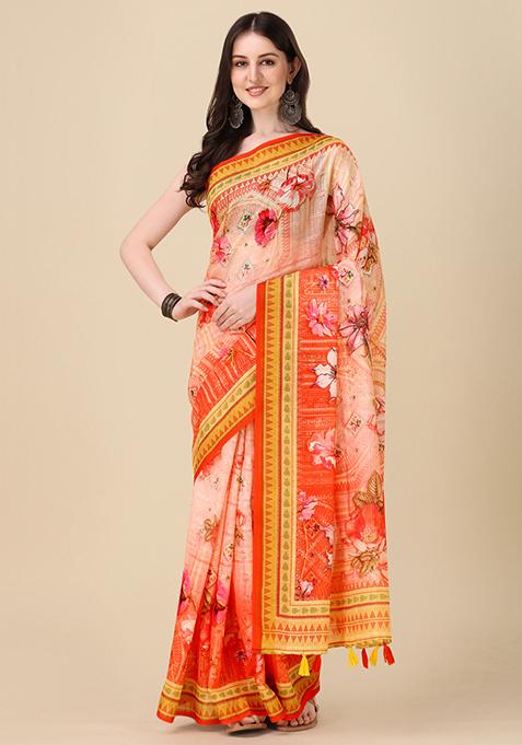 Peach Abstract Print Linen Saree Set