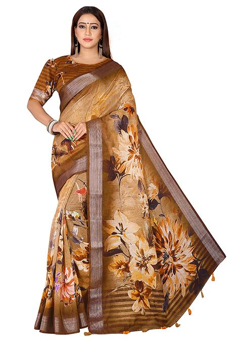 Brown Floral Print Linen Saree Set