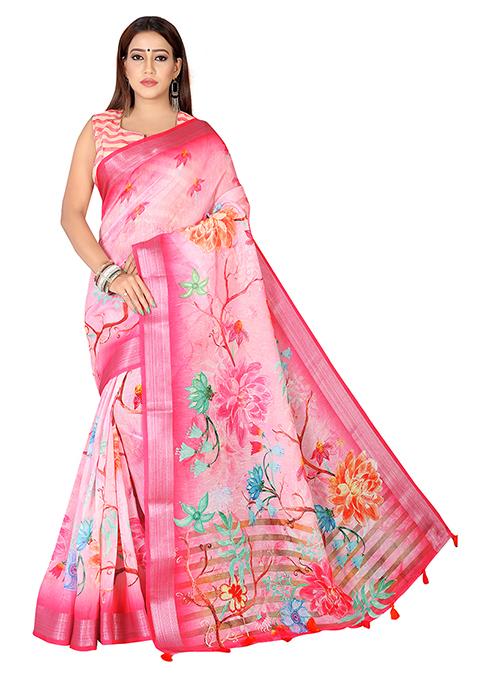 Pink Floral Print Linen Saree Set