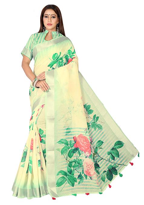 Green Floral Print Linen Saree Set