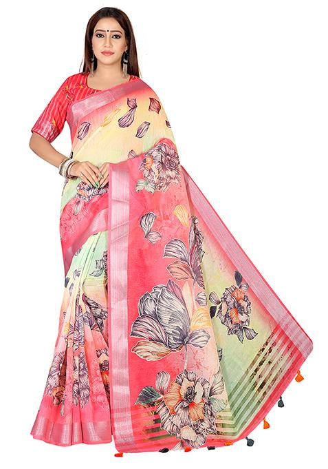 Pink Floral Print Linen Saree Set