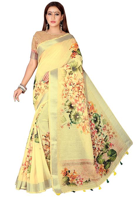 Yellow Floral Print Linen Saree Set