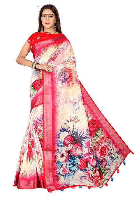 Red Floral Print Linen Saree Set