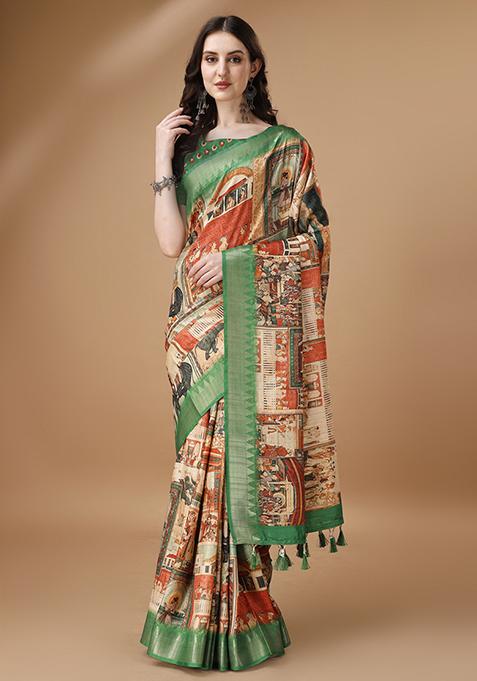 Multicolour Abstract Print Silk Saree Set