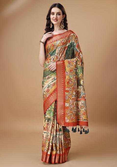 Multicolour Abstract Print Silk Saree Set